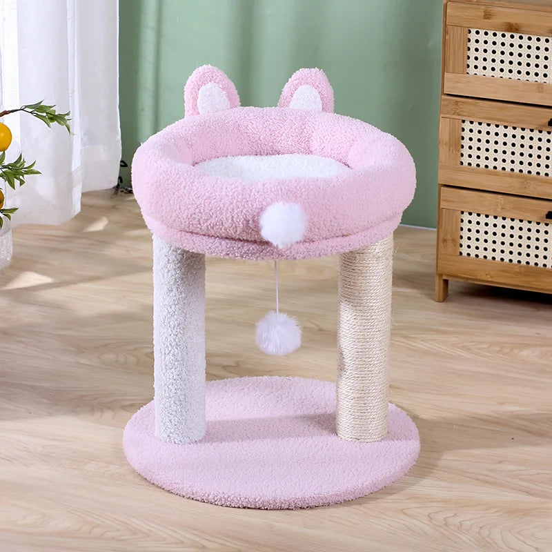 Rosa Plüsch-Kratzbaum im Kaninchen-Design – Modell BunnyNest