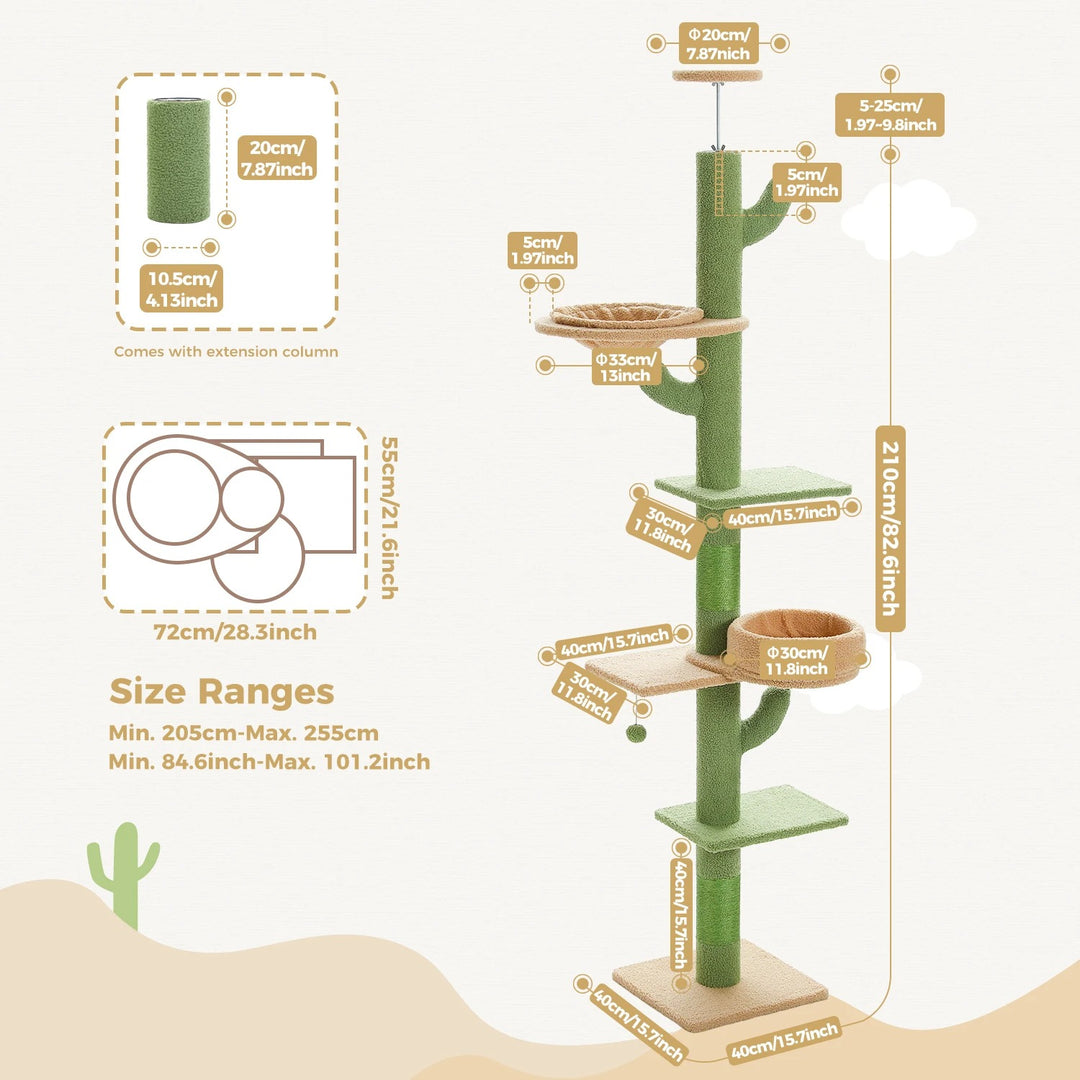 Adjustable floor-to-ceiling cactus-shaped cat tree - Model: "CactusEscapade"