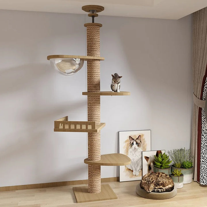 XXL Naturholz-Kratzbaum vom Boden bis zur Decke mit Hängematte, Geeignet für große Katzen, Maine Coon - Modell: "SkyCat"