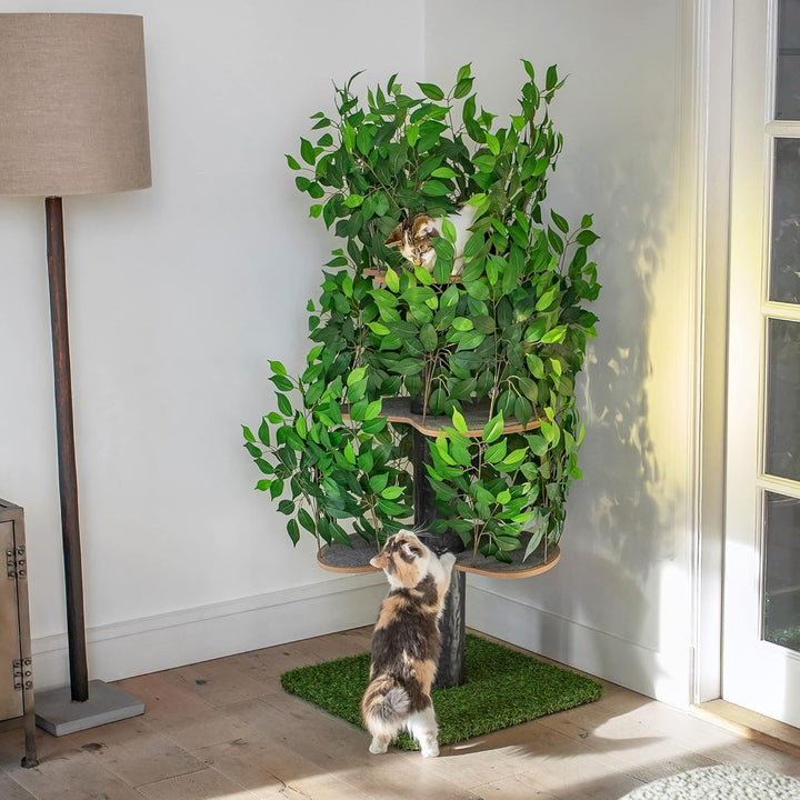 Arbre à Chat design naturel avec feuilles - Modèle "Chat'Canopée"