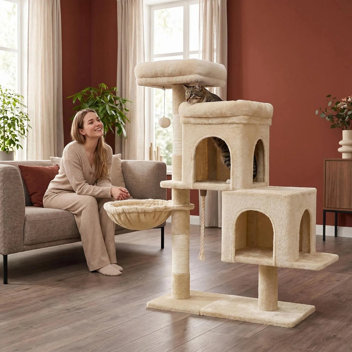 Arbre à chat 95 cm beige avec deux niches et poteaux en sisal
