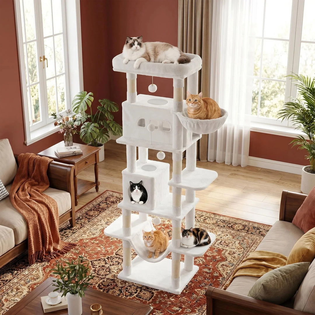 Arbre à chat 210 cm marron camel avec grande plateforme et hamac