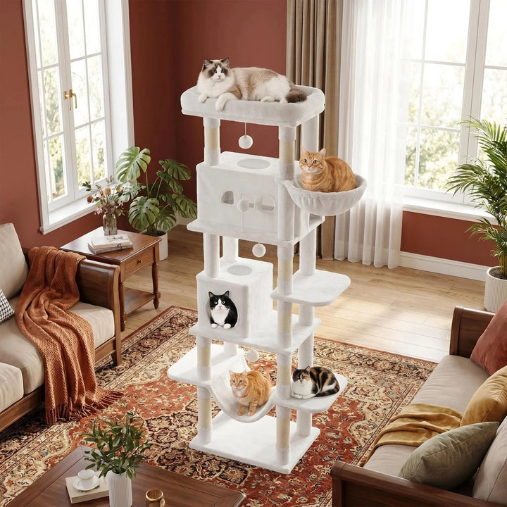 Arbre à chat 210 cm marron camel avec grande plateforme et hamac