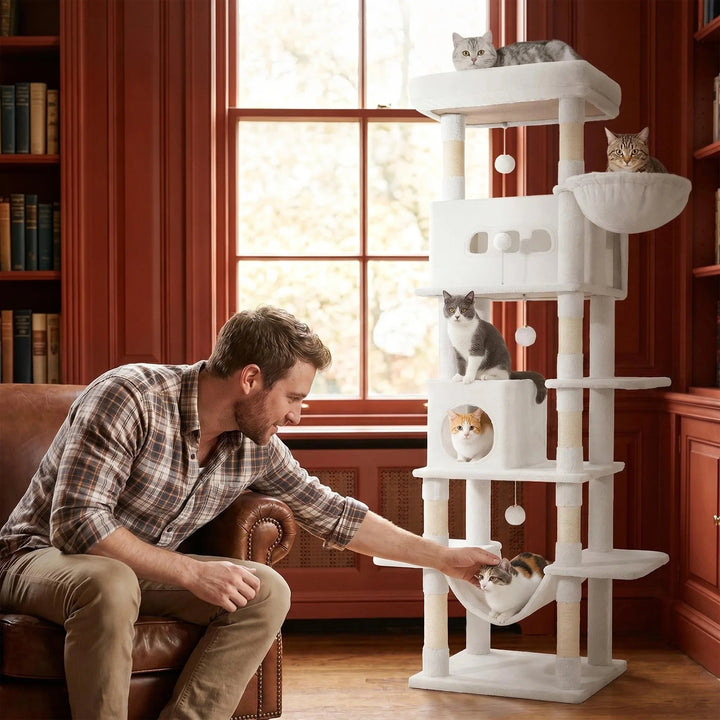 Arbre à chat 210 cm marron camel avec grande plateforme et hamac