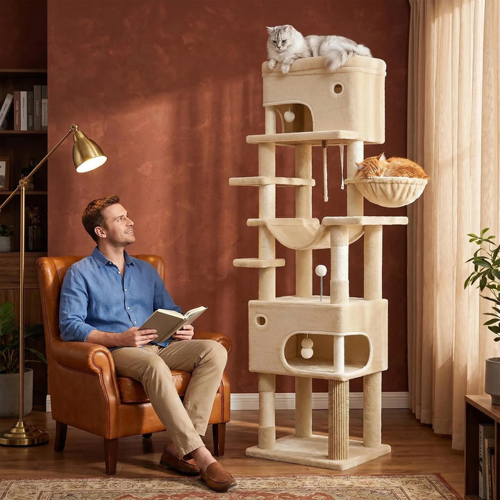 Arbre à chat XXL 211 cm gris clair avec trois niches et hamac