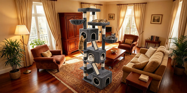 Arbre à chat XXL 211 cm gris clair avec trois niches et hamac