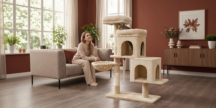 Arbre à chat 95 cm beige avec deux niches et poteaux en sisal