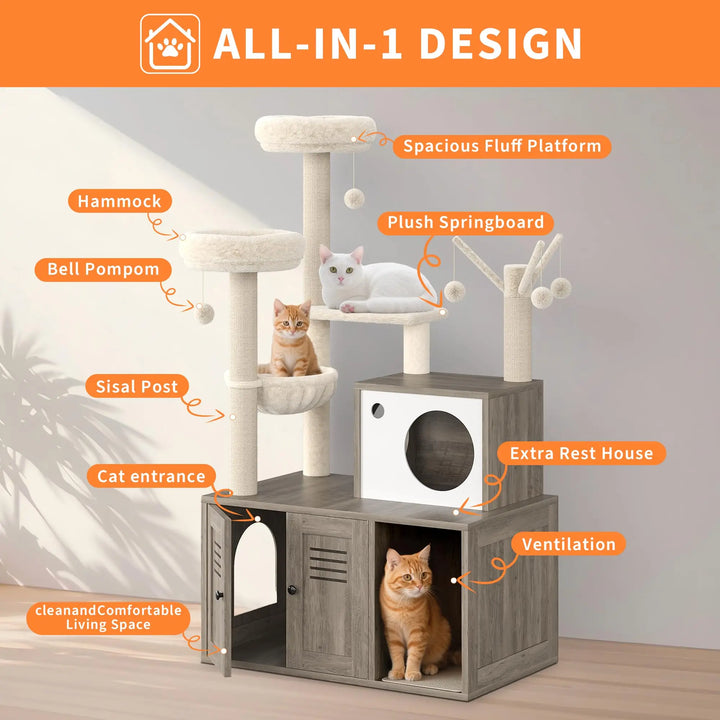 Arbre à Chat Bois design avec Bac à Litière - Modèle WoodNest