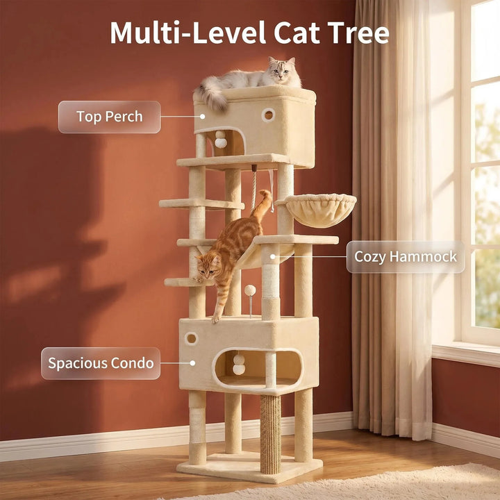 Arbre à chat XXL 211 cm gris clair avec trois niches et hamac
