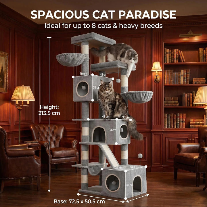 Arbre à chat XXL 211 cm gris clair avec trois niches et hamac