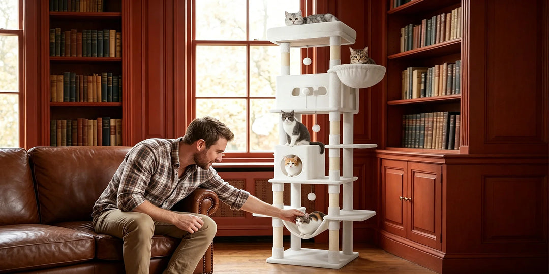 Arbre à chat 210 cm marron camel avec grande plateforme et hamac