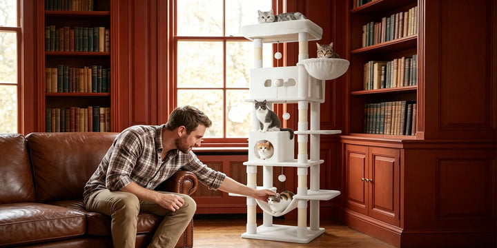Arbre à chat 210 cm marron camel avec grande plateforme et hamac
