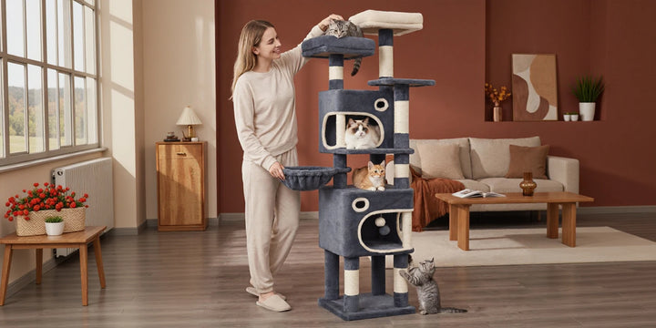 Arbre à chat 159 cm avec plateformes, niches et griffoirs en sisal
