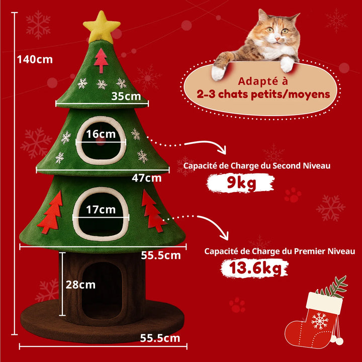 Arbre à chat design sapin de Noël avec cabane et griffoirs