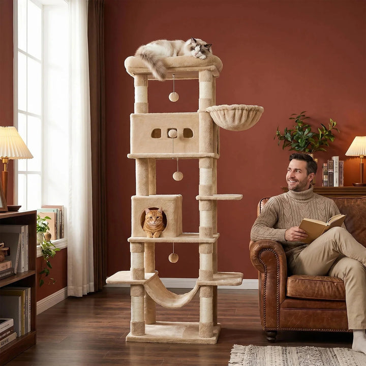 Arbre à chat 210 cm marron camel avec grande plateforme et hamac