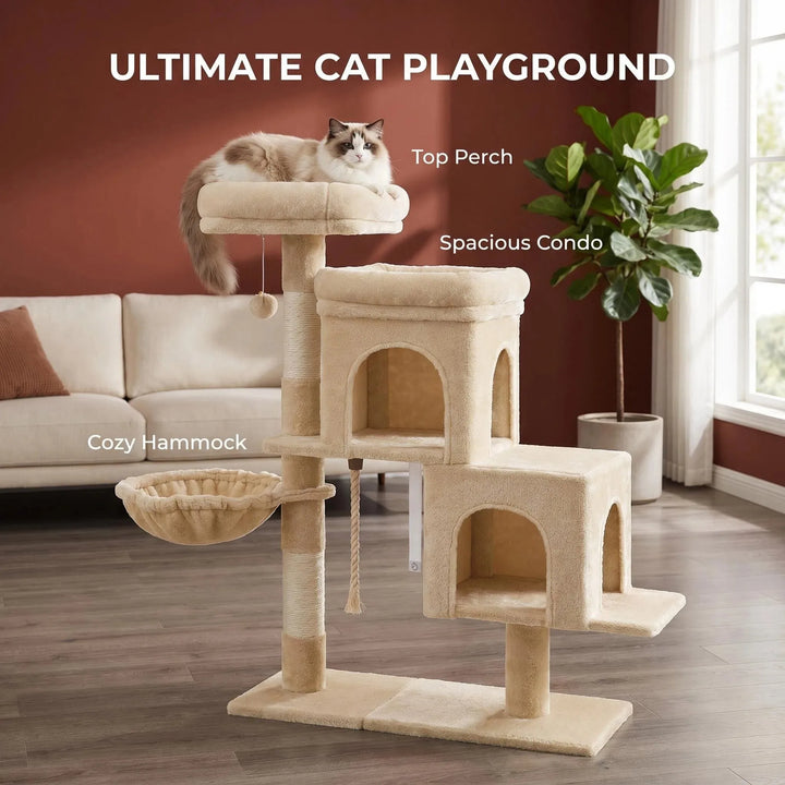 Arbre à chat 95 cm beige avec deux niches et poteaux en sisal