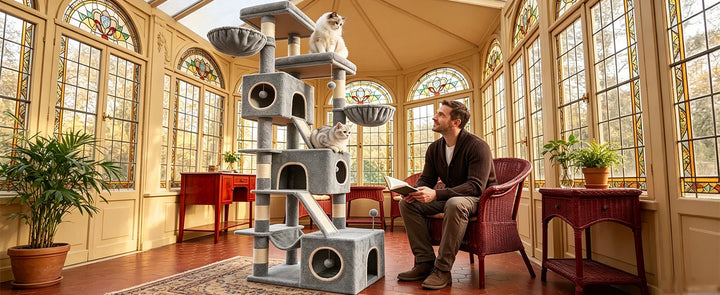 Arbre à chat XXL 211 cm gris clair avec trois niches et hamac