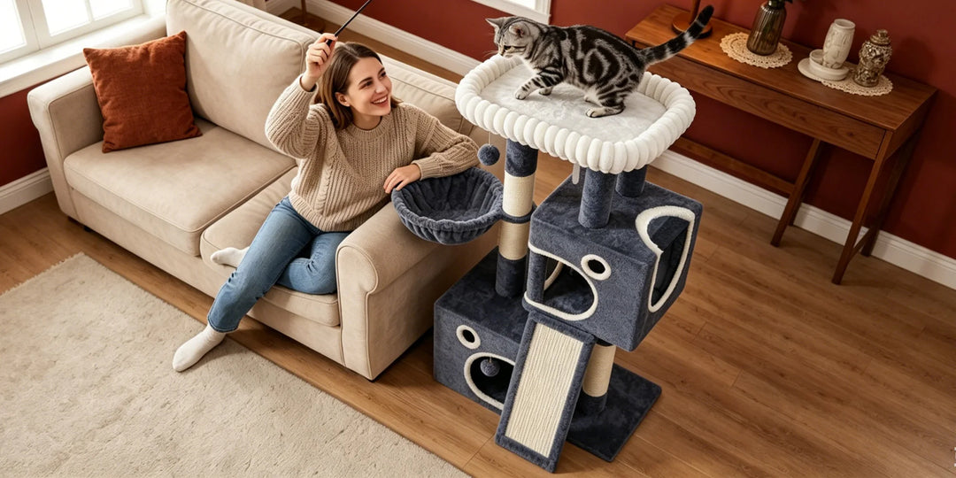 Arbre à chat 113 cm gris anthracite avec niche et rampe en sisal