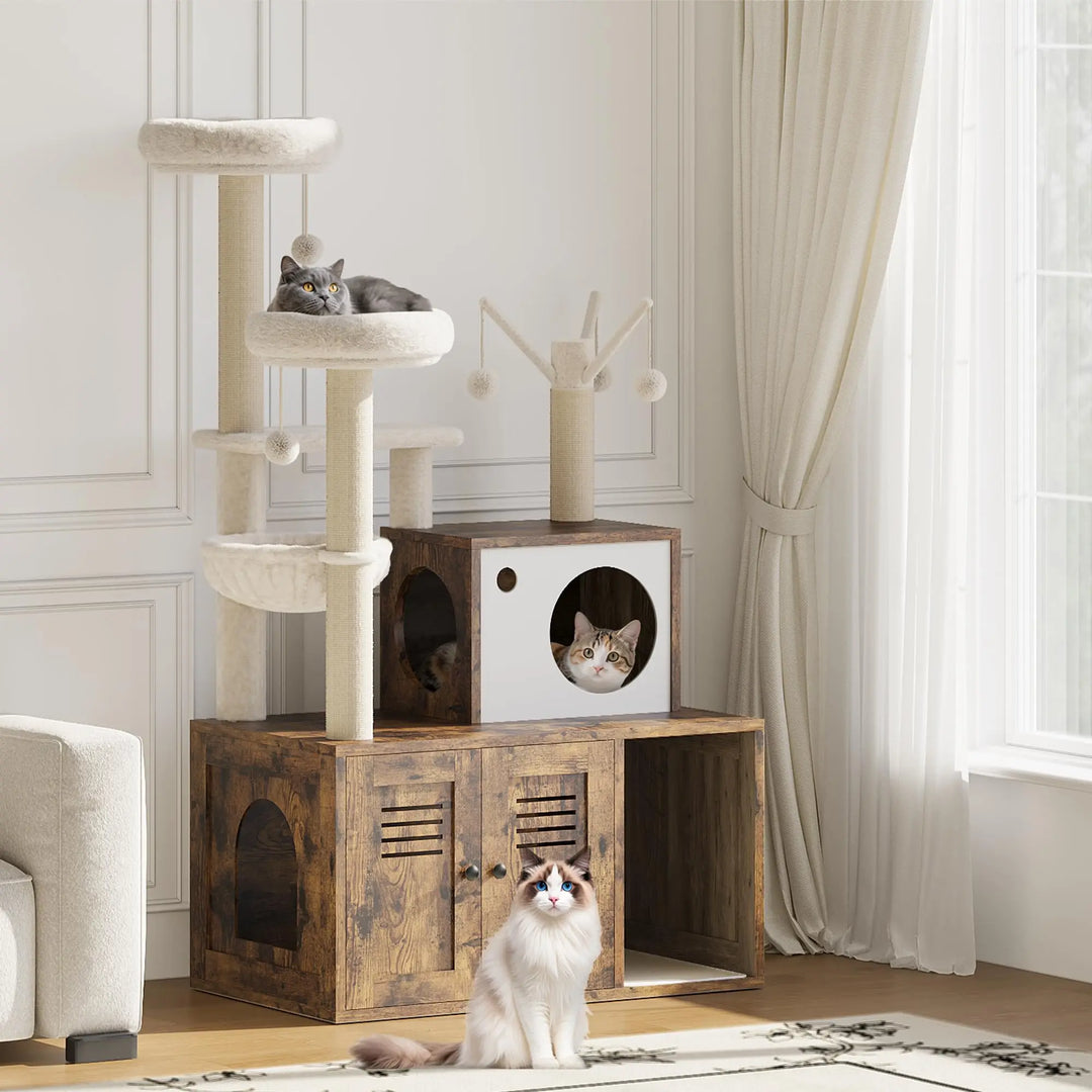 Arbre à Chat Bois design avec Bac à Litière - Modèle WoodNest