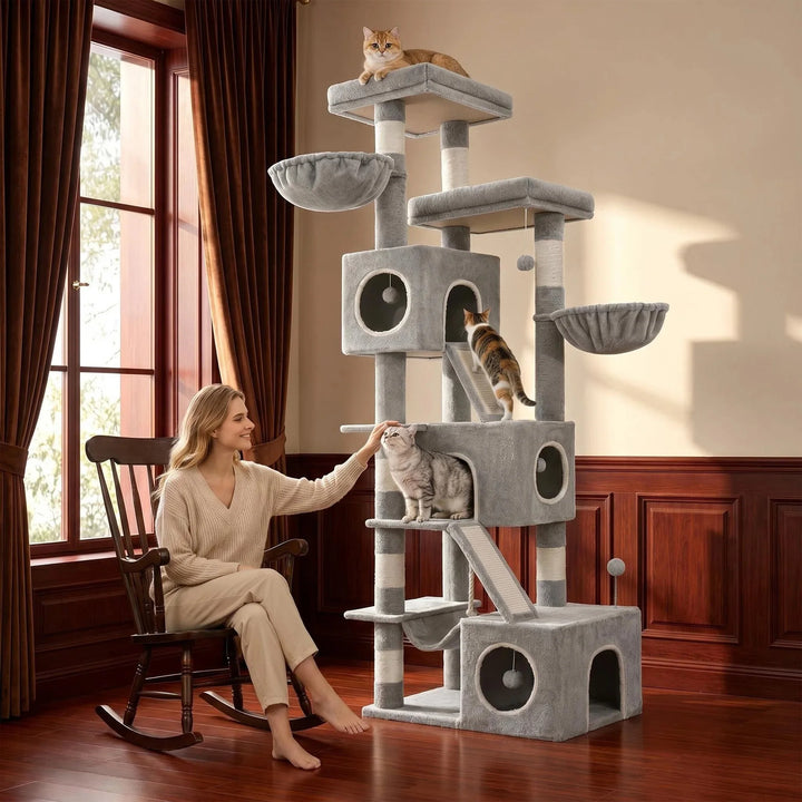 Arbre à chat XXL 211 cm gris clair avec trois niches et hamac