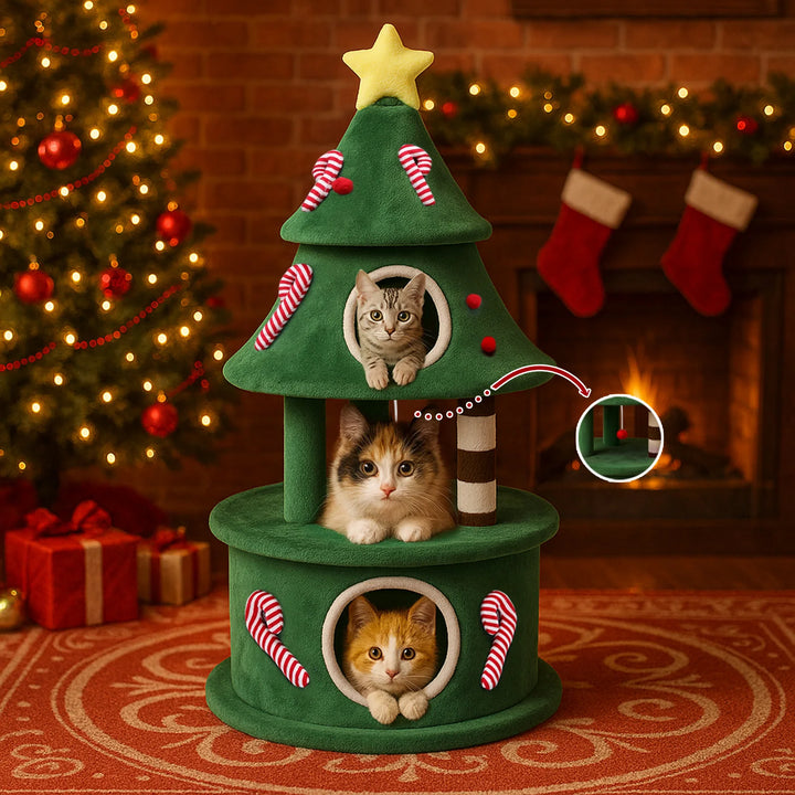 Arbre à chat design sapin de Noël avec cabane et griffoirs