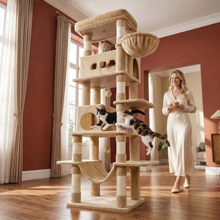 Arbre à chat 210 cm marron camel avec grande plateforme et hamac