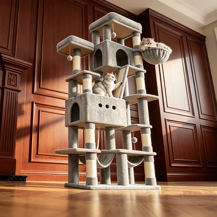 Arbre à chat XXL 201 cm gris clair pour Maine Coon avec hamacs