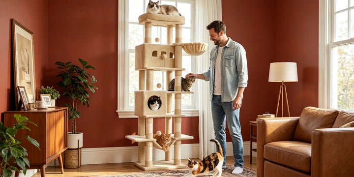 Arbre à chat 210 cm marron camel avec grande plateforme et hamac