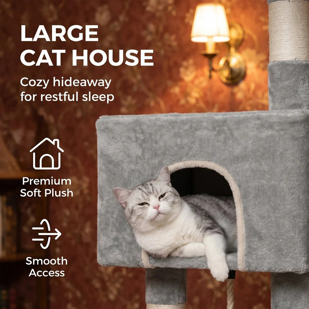 Arbre à chat XXL 211 cm gris clair avec trois niches et hamac