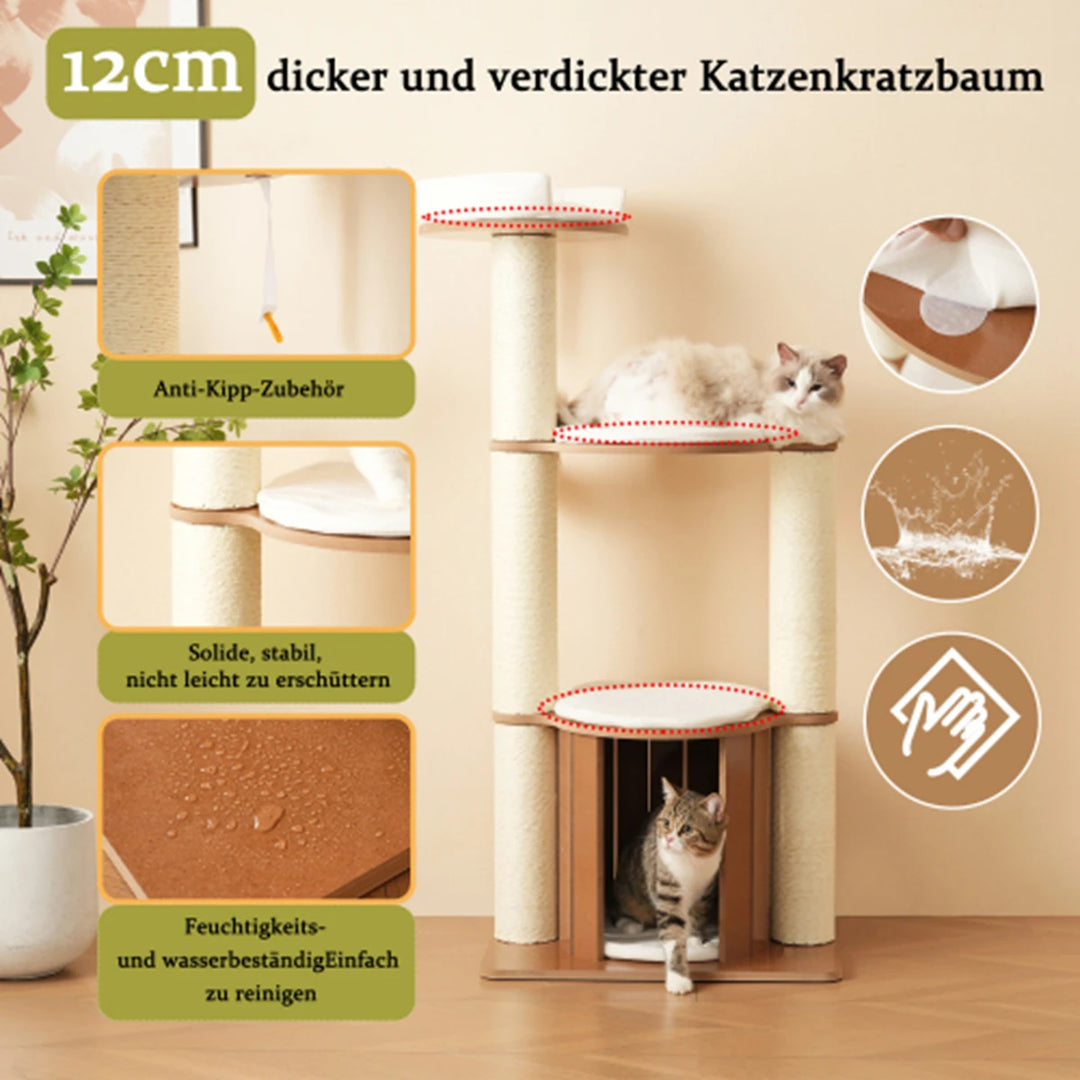 Arbre à chat 135 cm avec tronc épais, plateformes et niche fermée