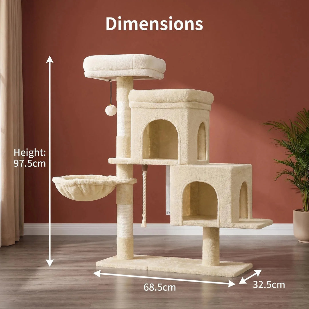 Arbre à chat 95 cm beige avec deux niches et poteaux en sisal