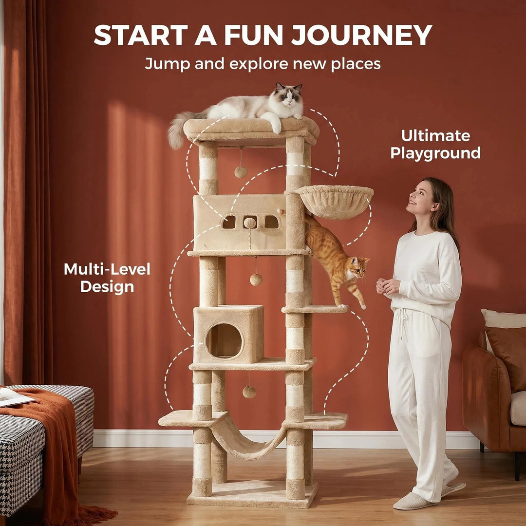 Arbre à chat 210 cm marron camel avec grande plateforme et hamac