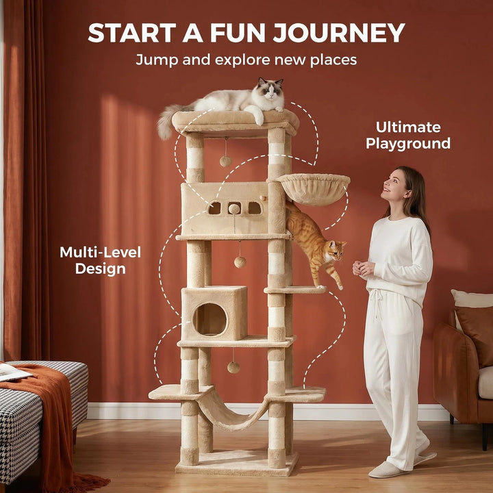 Arbre à chat 210 cm marron camel avec grande plateforme et hamac