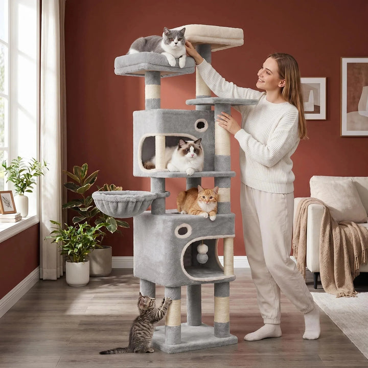 Arbre à chat 159 cm avec plateformes, niches et griffoirs en sisal