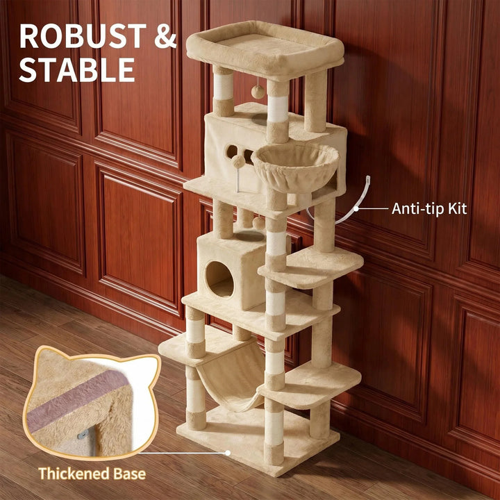 Arbre à chat 210 cm marron camel avec grande plateforme et hamac