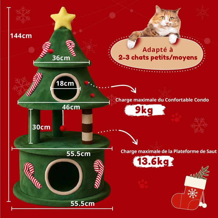 Arbre à chat design sapin de Noël avec cabane et griffoirs