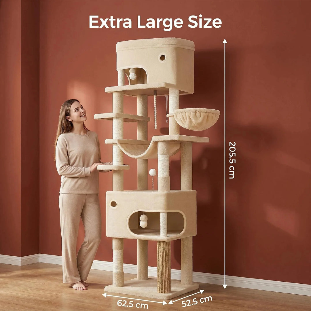 Arbre à chat XXL 211 cm gris clair avec trois niches et hamac