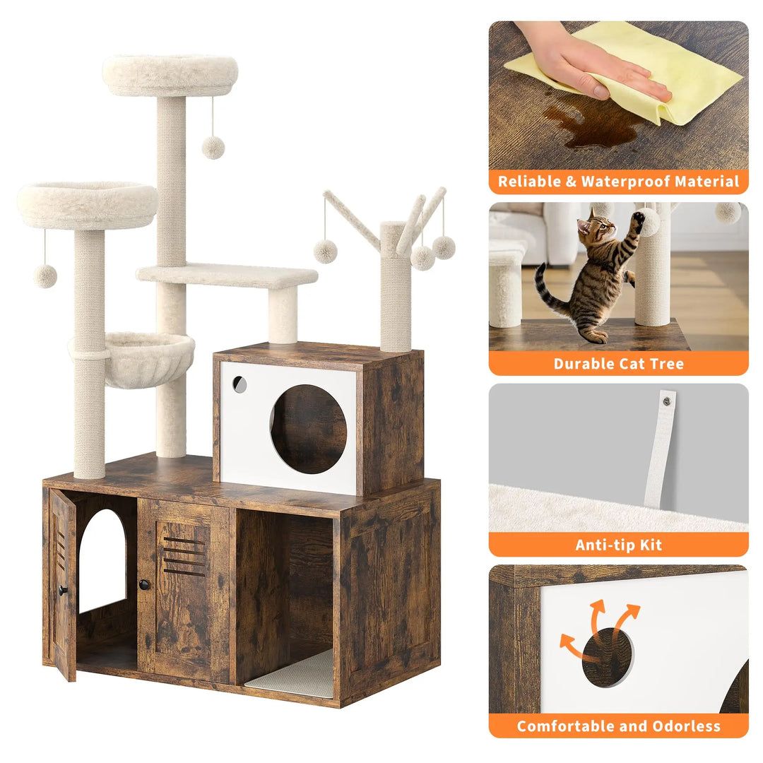 Arbre à Chat Bois design avec Bac à Litière - Modèle WoodNest