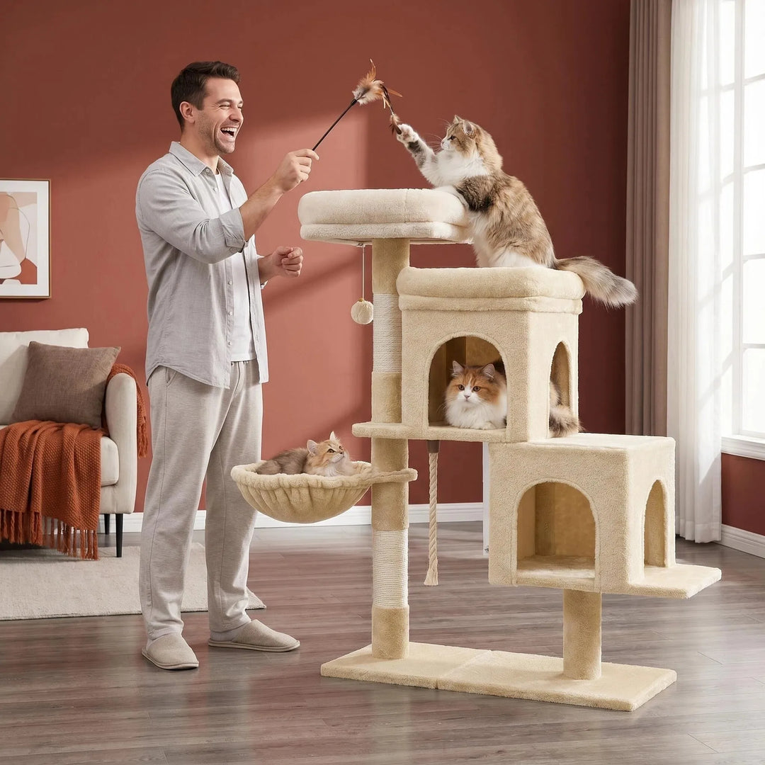 Arbre à chat 95 cm beige avec deux niches et poteaux en sisal