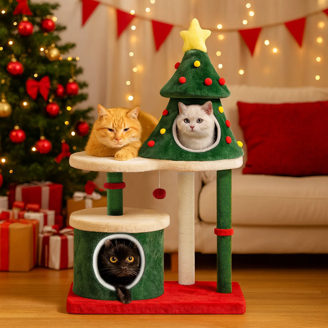 Arbre à chat design sapin de Noël avec cabane et griffoirs