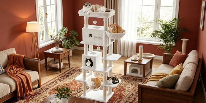 Arbre à chat 210 cm marron camel avec grande plateforme et hamac