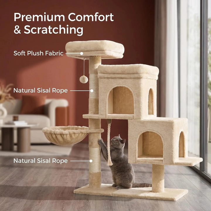 Arbre à chat 95 cm beige avec deux niches et poteaux en sisal