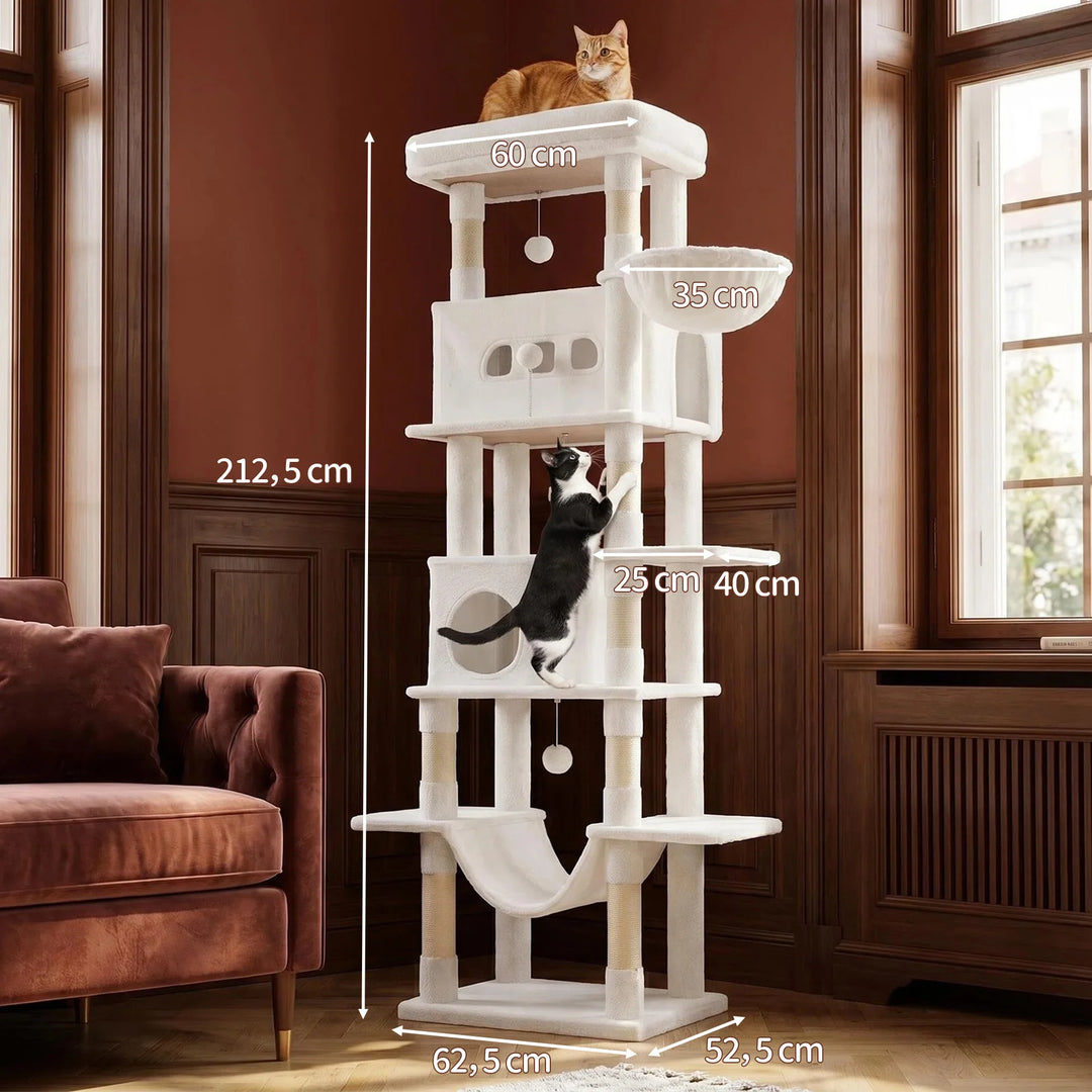 Arbre à chat 210 cm marron camel avec grande plateforme et hamac