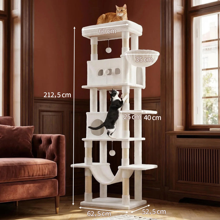 Arbre à chat 210 cm marron camel avec grande plateforme et hamac