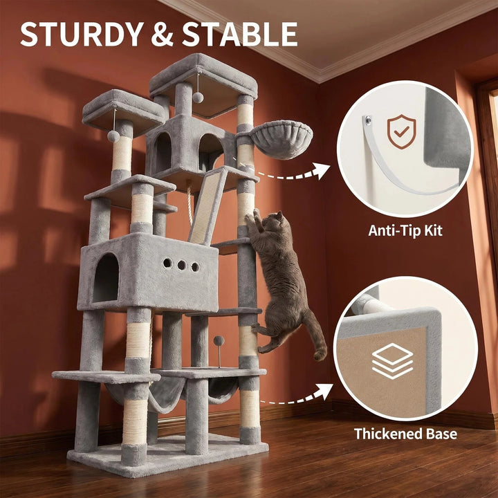 Arbre à chat XXL 201 cm gris clair pour Maine Coon avec hamacs