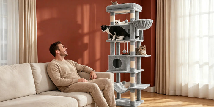 Arbre à chat 210 cm marron camel avec grande plateforme et hamac