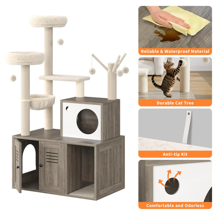 Arbre à Chat Bois design avec Bac à Litière - Modèle WoodNest