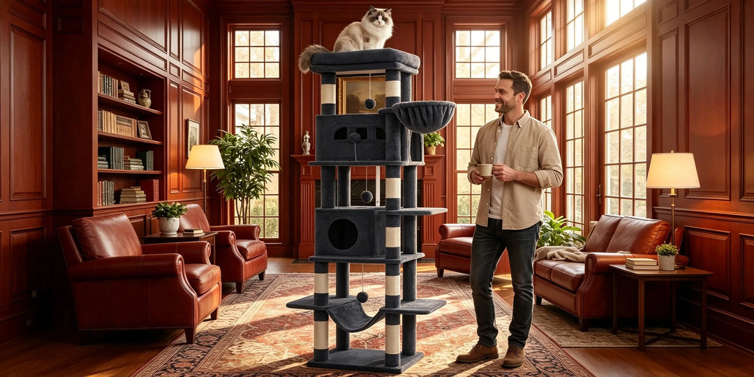 Arbre à chat 210 cm marron camel avec grande plateforme et hamac