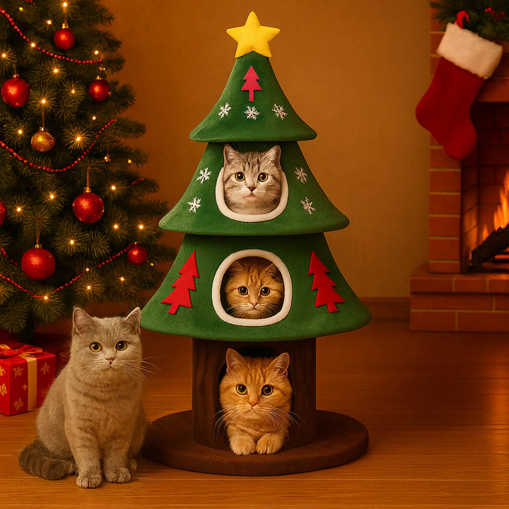 Arbre à chat design sapin de Noël avec cabane et griffoirs