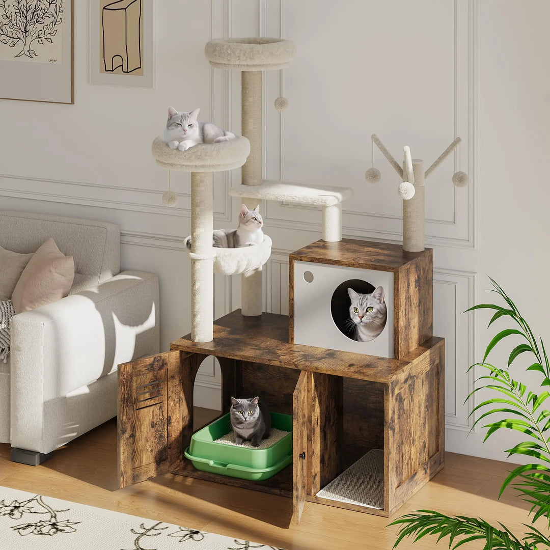 Arbre à Chat Bois design avec Bac à Litière - Modèle WoodNest